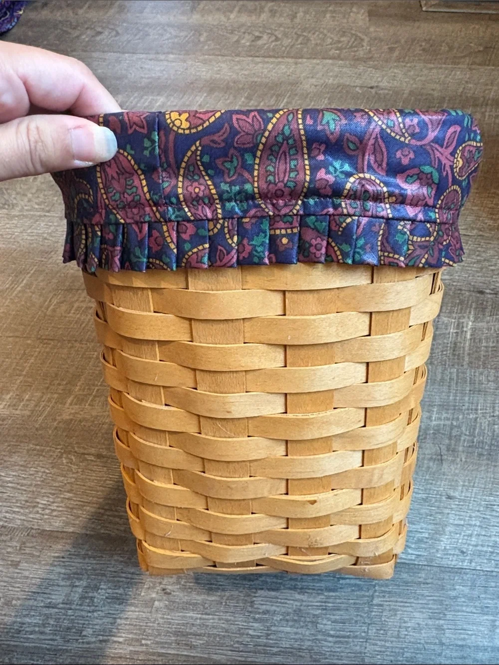 Longaberger Small Waste Basket 1996 Paisley Fabric Liner 10”H READ